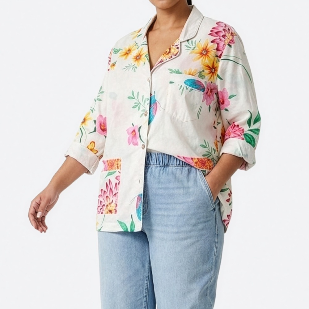 Victoria's‎ Secret PJ Top White M L 0X Floral Butterfly Button Down Blouse